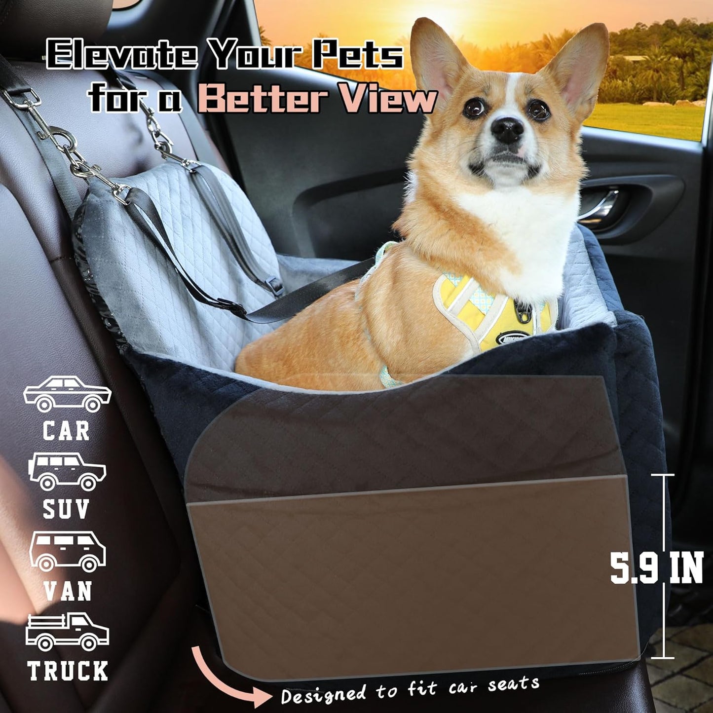 Dog Car Seat for Small Medium Dogs-Safety and Comfy Pet Booster Carseats with 2 Clip-On Satebelt & Storage Pockets,Washable and Detachable Puppy Car Seat for Dogs up to 30 lbs.(H-Black/Grey)