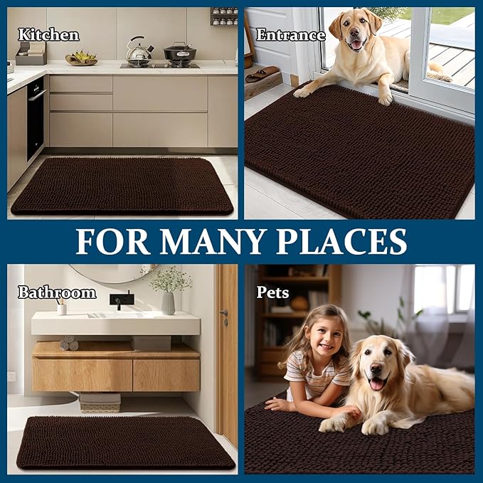 OLANLY Dog Door Mat for Muddy Paws 30x17, Absorbs Moisture and Dirt, Absorbent Non-Slip Washable Doormat, Quick Dry Chenille Mud Mat for Dogs, Entry Indoor Entryway Carpet for Inside Floor, Brown