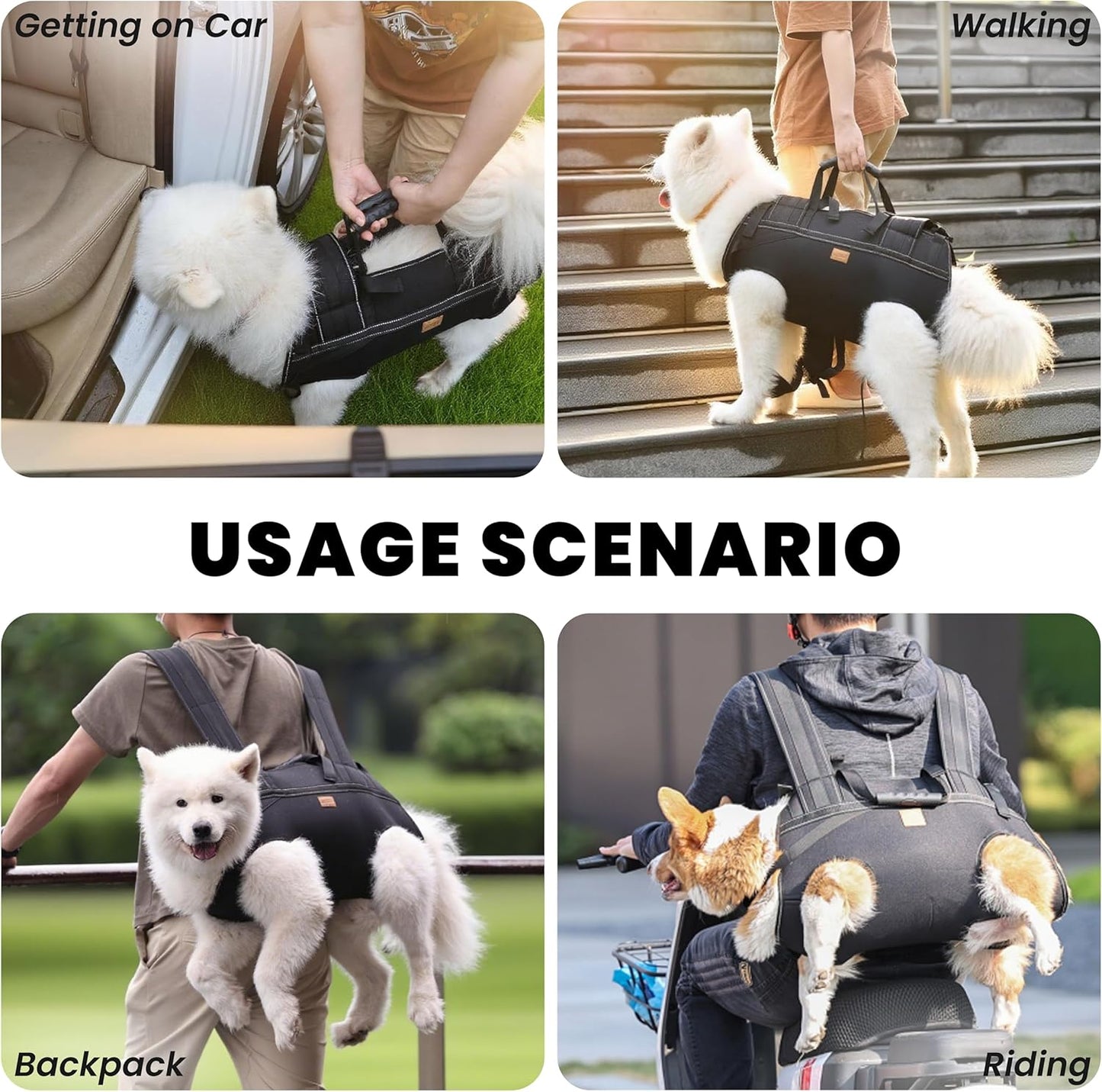 Dog Lift Harness Backpack Carrier for Large Dogs, Full Body Sling with Handle, Dog Harness for Joint Injuries, Arthritis, Ideal for Stairs, Elderly Dogs (Black S/M-Large 14-20 LBS)