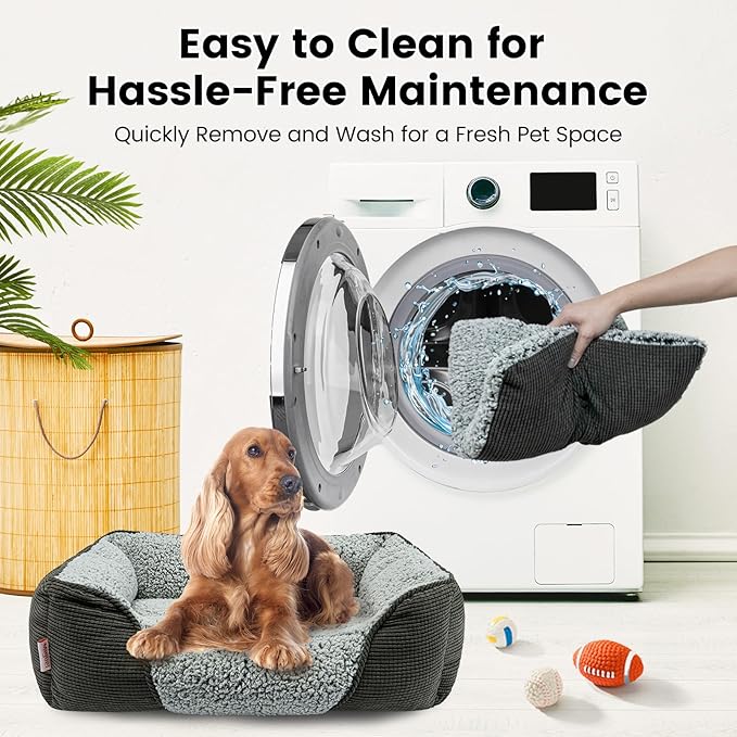 Miguel Washable Dog Bed with Removable Cushion for Medium Small Dogs, Easy to Wash Pet Sofa Bed with Side, Rectangle Bolster Cat Bed Calming Cuddle Puppy Bed with Anti-Slip Bottom, Gray 30 Inch