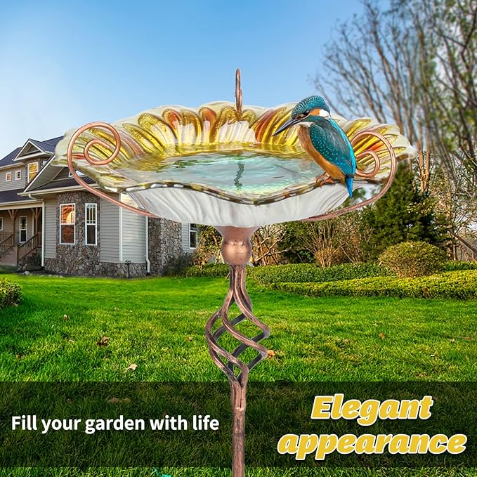 MUMTOP Bird Baths for Outdoors,Outdoor Bird Bath, Glass Birdbath Sunflower Bird Feeders Bowl with Stake for Garden Yard Decor (Yellow)