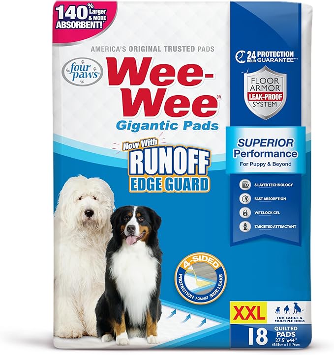 Four Paws Wee-Wee Superior Performance Pee Pads for Dogs with Runoff Barrier Edge Guard Protection, Puppy & Dog Potty Training Pads, Housebreaking Supplies, 27.5" x 44" (18 Count)