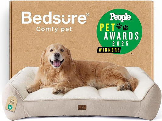 Bedsure SupportMax™ XL Plus Orthopedic Dog Beds Large Sized Dog - Extra Thick Supportive Dogs Couch with Waterproof Washable Cover, Jumbo Comfort Pet Sofa with Soft Sherpa & Nonskid Bottom, Beige, 48"