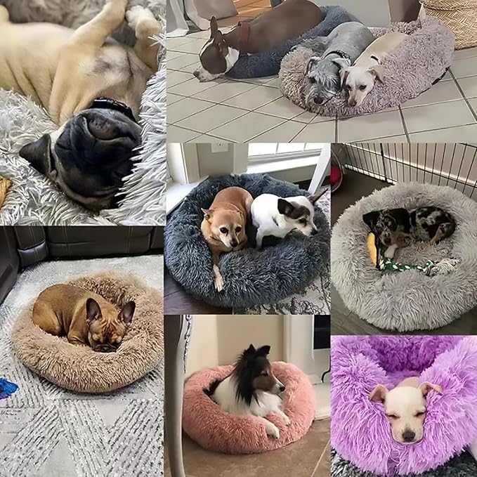 Calming Dog Bed for Small Dogs, Calming Donut Cuddler Pet Bed Anti Anxiety Round Dog Bed Fluffy Plush Faux Fur Cat Bed,Grey+White,23.6IN