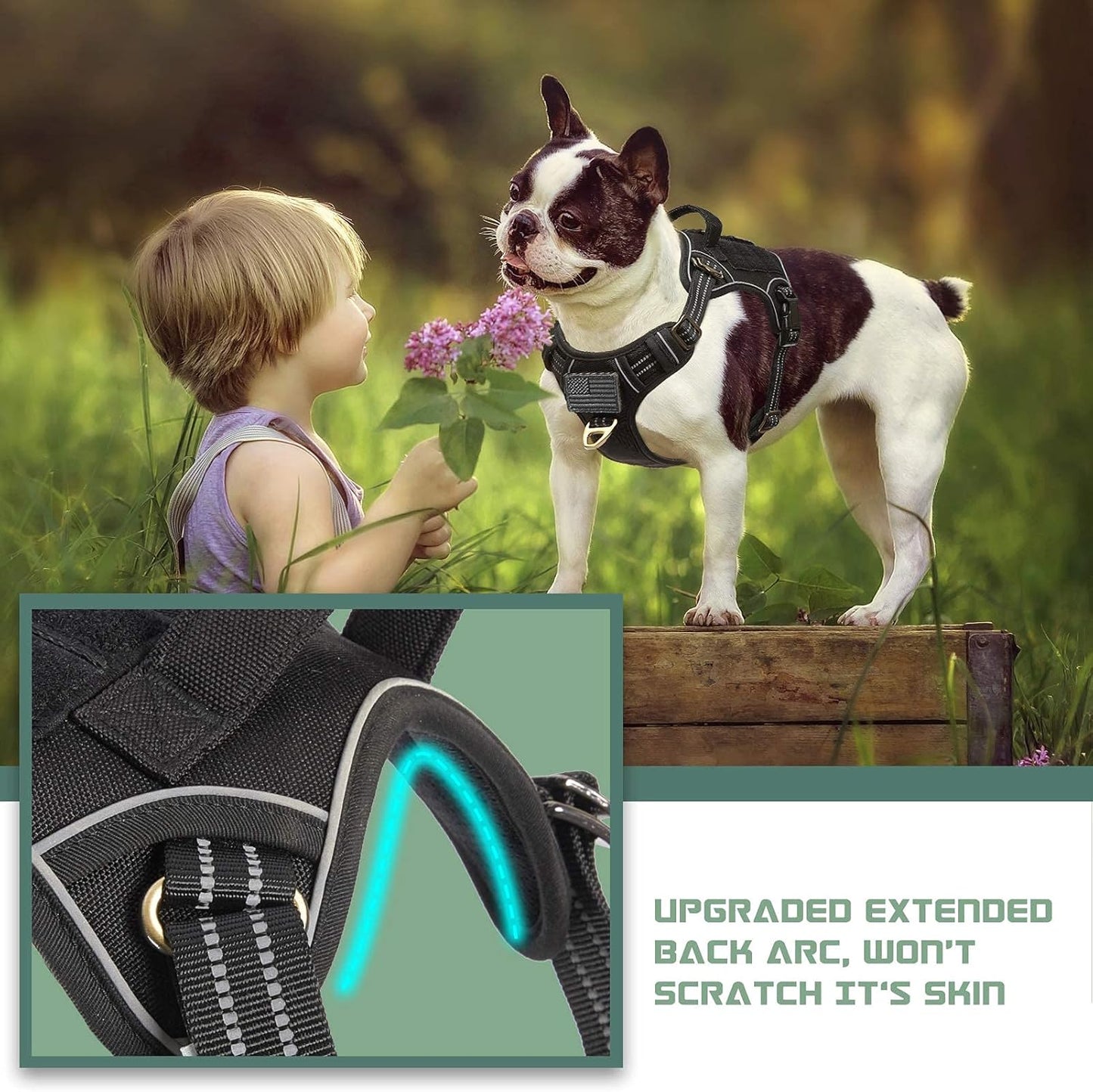 BUMBIN Tactical Dog Harness for Medium Dogs, No Pull, Reflective, Adjustable, Black, M(Neck:16-20", Chest:17-27")