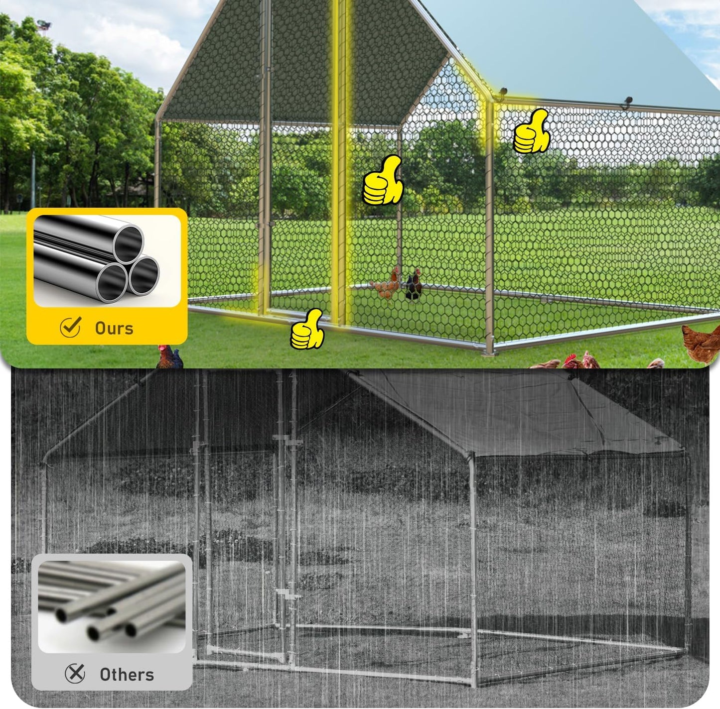 1.26'' Large Metal Chicken Coop Run Walk in, Chicken Runs for Yard with Cover, Chicken Pens Outdoor, Spire Roofed Outside Dog Kennel with Roof (9.8’Lx13.1’Wx6.4’H)