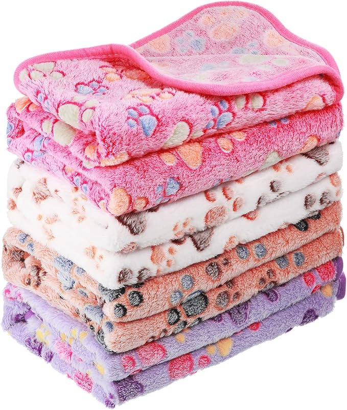 Tatuo 4 Pcs Dog Blanket for Pet Cat Blankets Indoor Puppy Teething Stuff Toys Paw Print Fleece Soft Blanket Sleep Mat for Guinea Pig Cage(White, Coffee, Pink, Purple,Small(24 x 16 Inch),Square)
