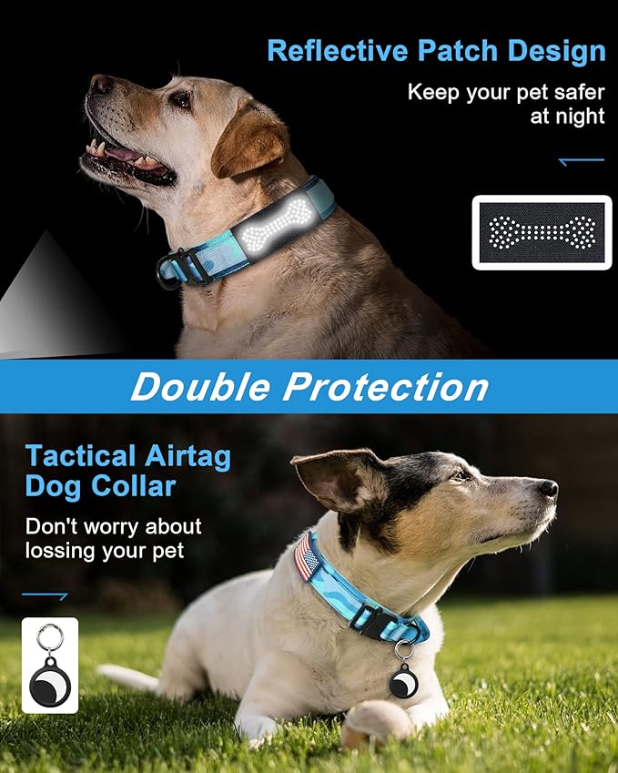 Hotsky Tactical Dog Collar, Adjustable Military Training Nylon Airtag Collar with Handle and Heavy Duty Metal Buckle for Medium Large Dogs, with Airtag Holder and Two Patches （Blue Camo,M）