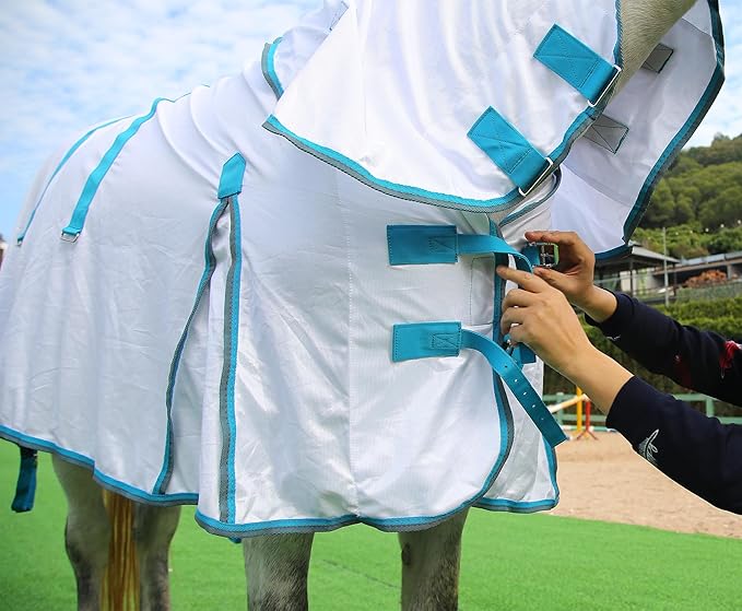 Horse Fly Sheet with Detachable Neck Cover & Belly Wrap, Adjustable Fly Sheet for Horses, Ventilated Airflow Mesh Equine Cooling Summer Flysheet White 81