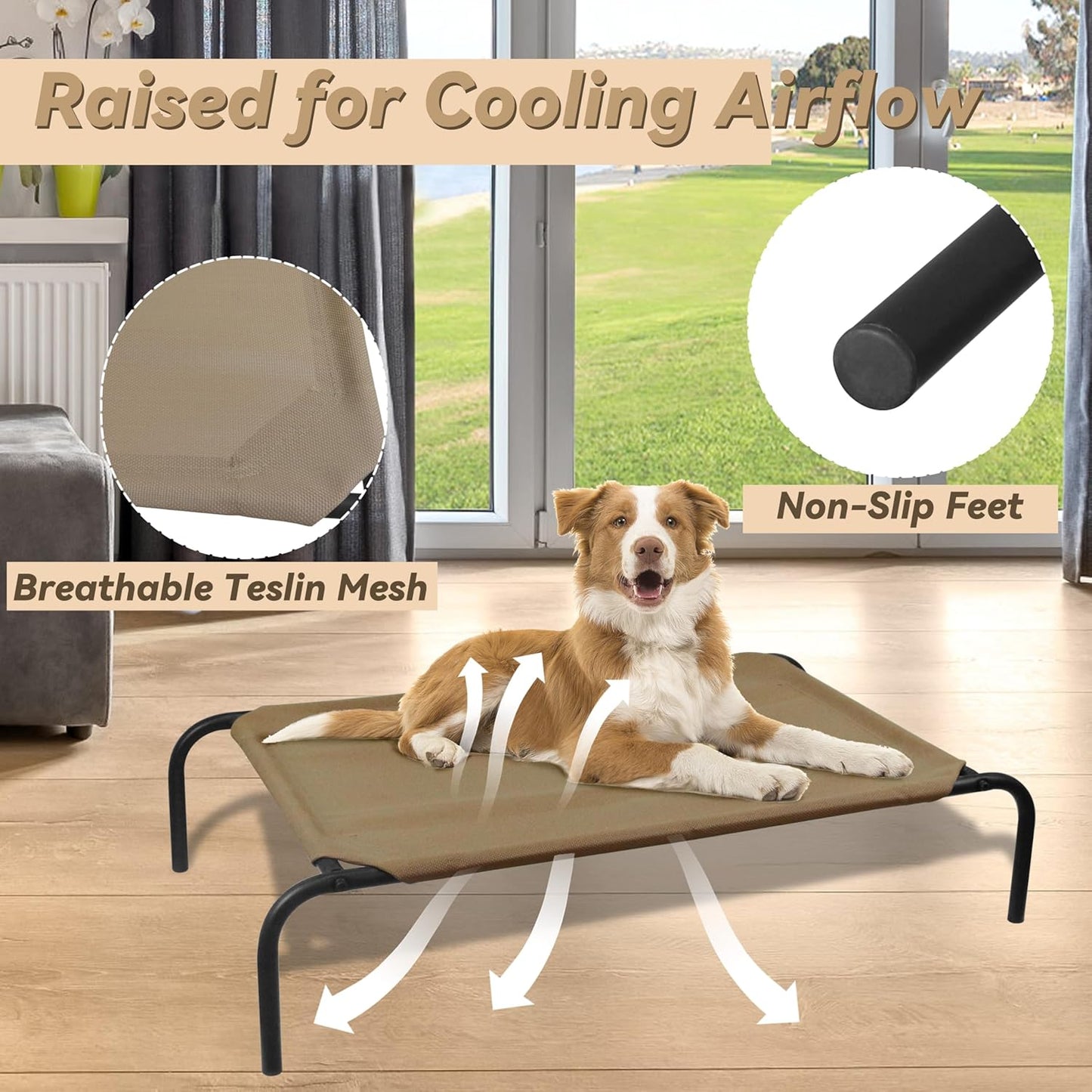 PHYEX Elevated Dog Bed for Medium Dogs, Raised Dog Bed with Breathable Mesh, Dog Cot Bed with Sturdy Steel Frame for Indoor & Outdoor Use, Non Slip, Easy to Clean, 43.5 Inches, Brown