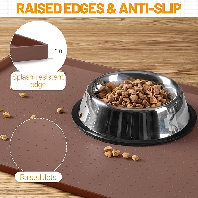 Hubulk Dog Feeding Mat,100% Waterproof Food Grade Silicone Pet Food and Water Bowl Placemat,Dishwasher, High Raised Edge to Prevent Spills,Nonslip Tray to Stop Messes on Floor（32"x24"x1.0", Brown）