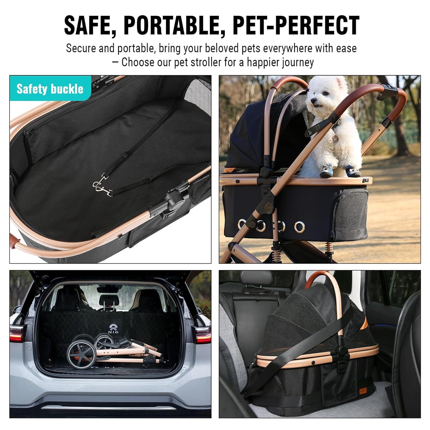 EchoSmile 4 in 1 Pet Stroller, Folding Lightweight Cat & Dog Stroller with Detachable Carrier, NO-Zip 180° Reversible Canopy, All Terrain 4-Wheel,45 lbs Capacity for Small to Medium Dogs