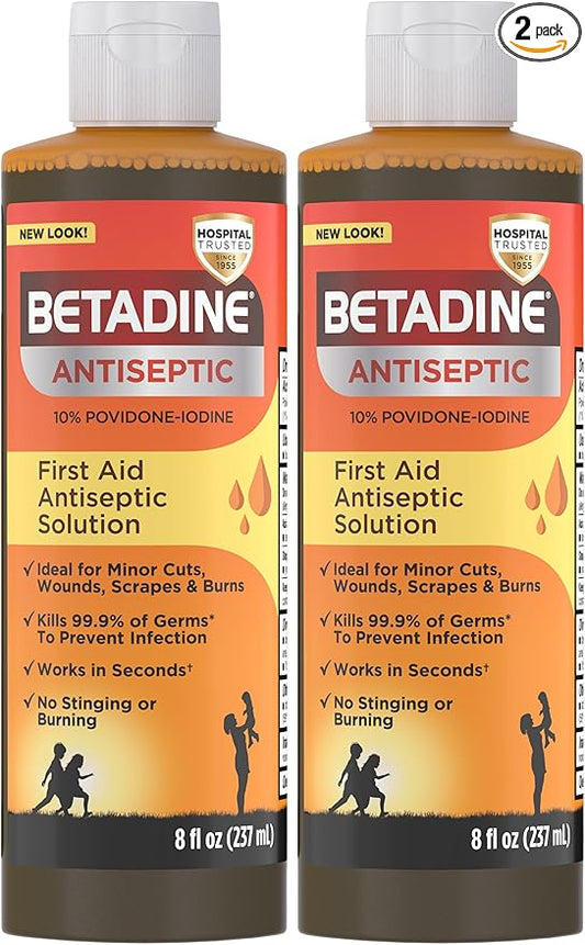 Betadine Antiseptic Povidone Iodine Solution 8 Fl Oz, Pack of 2, Kills Germs in Minor Cuts/Scrapes/Burns, Povidone Iodine Liquid, No Sting, No Alcohol or Hydrogen Peroxide