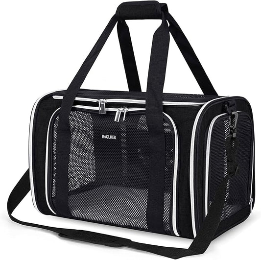 BAGLHER Pet Travel Carrier, Cat Carriers Dog Carrier for Small Medium Cats Dogs Puppies, Airline Approved Small Dog Carrier Soft Sided, Collapsible Puppy Carrier. Black