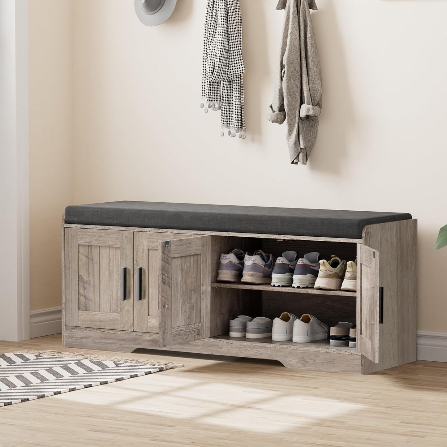 2-Tier Storage Bench, Shoe Bench with Thickened Padded Seat Cushion, Entryway Bench with 4 Doors, Adjustable Shelf, 13.8" D x 45.3" W x 18.5" H, for Entryway, Living Room, Bedroom, Greige