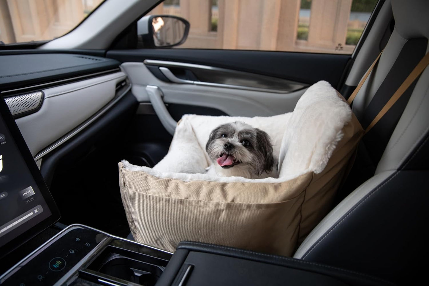 Best Pet Supplies Dog Pet Booster Seat, Dog Car Seats for Small Dogs & Medium Dogs, Soft Plush Cushion with Comfortable Bedding, Secure Straps, and Tall Pillow, Brown
