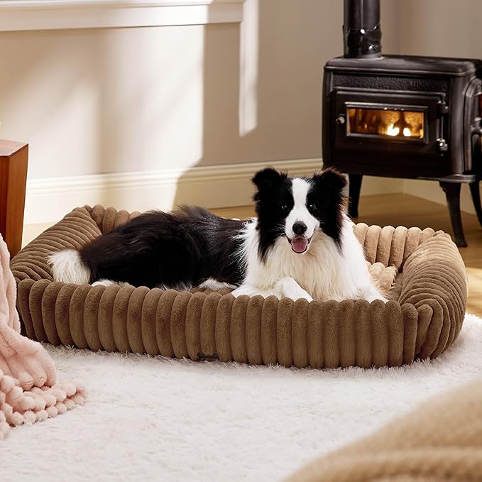 Bedsure Cute Dog Bed for Extra Large Dogs - Washable Furry Puppy Beds, Rectangle Orthopedic XL Pet Beds with Removable Zipper Cover, 43x30x8inches, Camel Brown
