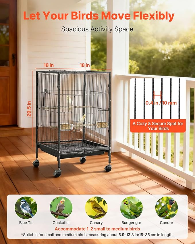 VEVOR Bird Cage, 18 x 18 x 30 inch, Open Flat Top, Wrought Iron Bird Flight Cage with Perches, Slide-Out Tray and Plastic Feeders, Casters, for Parrot, Blue Tit, Cockatiel, Canary, Budgerigar, Conure