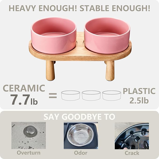 Ceramic Elevated Dog Bowls, Pet Food and Water Bowl Set for Large Dogs, 7.5 Cups Dog Bowls Raised with Wood Stand, 61OZ, Pink