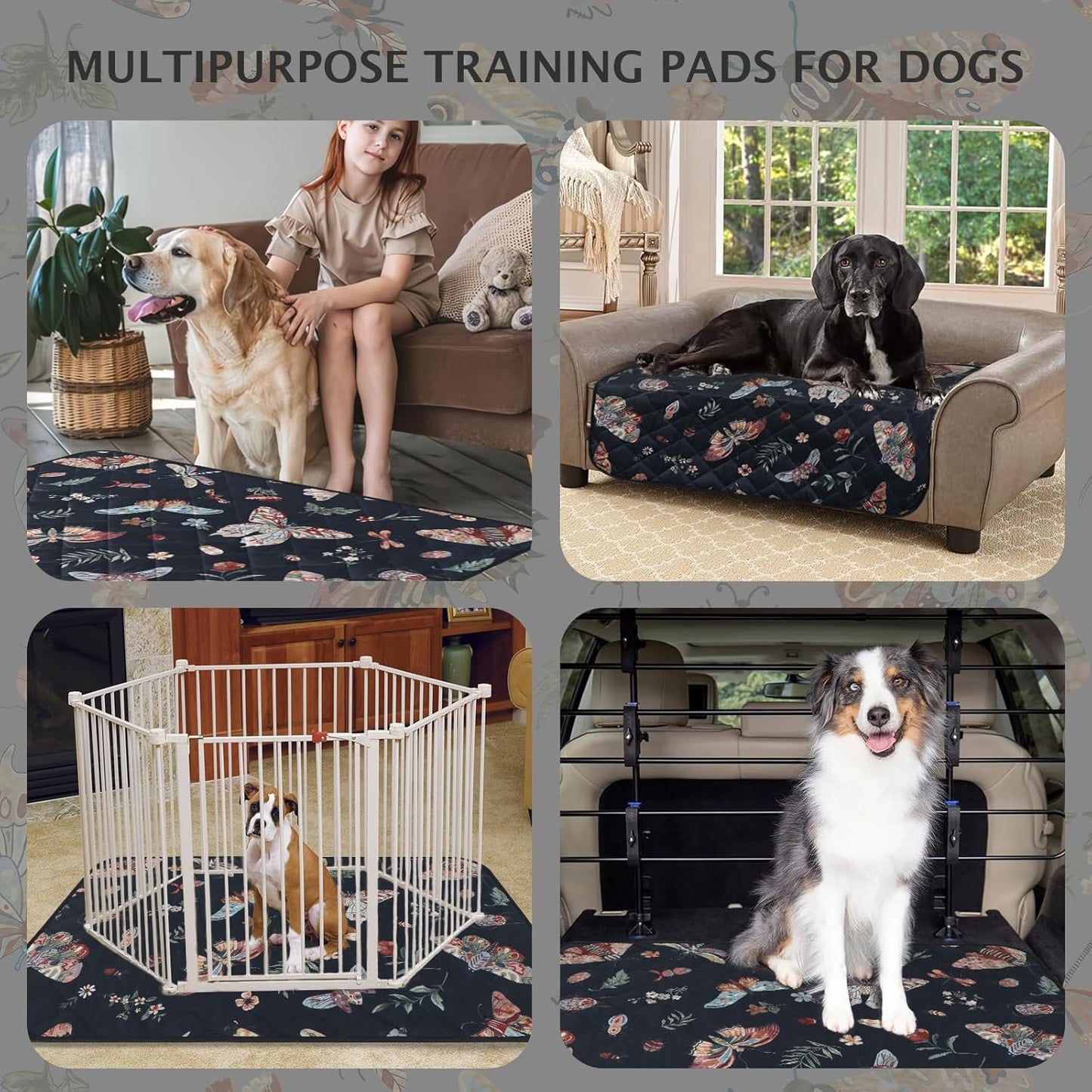 IEUUMLER Washable Pee Pads for Dogs, 2 Pack Insect Pattern Reusable Waterproof Puppy Potty Pads, Non-Slip Absorbent Pet Training Pads for Playpen Crate Bed EU014