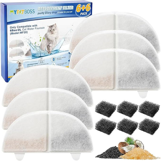 WF20/CF20 Cat Water Fountain Filter Replacement for Wireless Pumps Pet Fountain, 6 Pack Pet Filter Replacement with 6 Pack Water Pump Filters