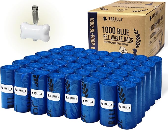GORILLA SUPPLY 1000 Dog Poop Waste Bags with Dispenser and Leash Tie, 9" x 13", Blue, 1000 Count