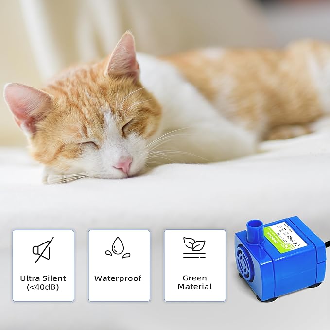 IP68 DR-DC160 submersible water pump Cat Water Fountain Pump for Tritone Ceramic, Stainless Steel, Round Flower Cap Cat Fountains, Automatic Pet Water Dispenser Replacement Pump (With LED)