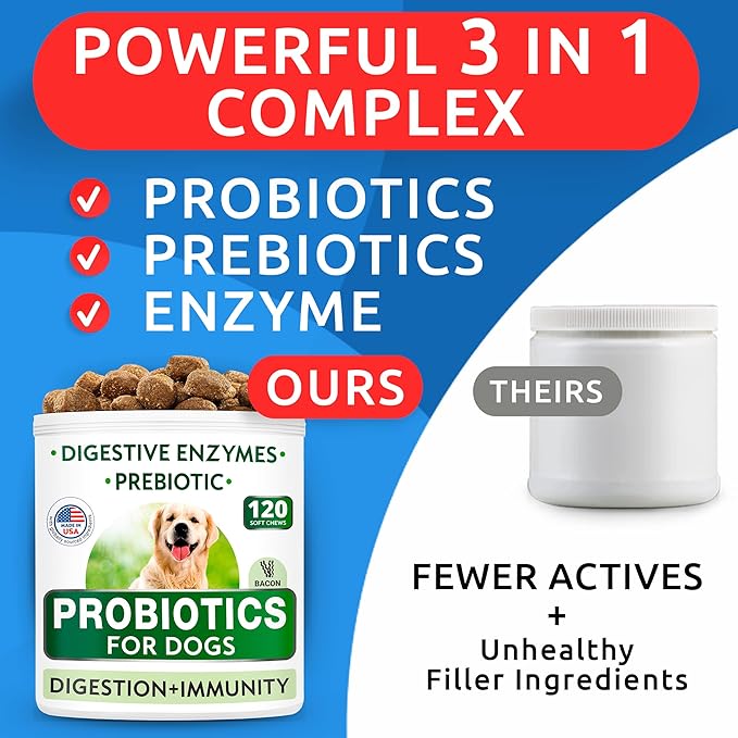 Bark&Spark Dog Probiotics & Digestive Enzymes (Gut Health) Allergy & Itchy Skin - Pet Diarrhea Gas Treatment Upset Stomach Relief, Digestion Health Prebiotic Supplement Large Dog Treats (240Ct Bacon)