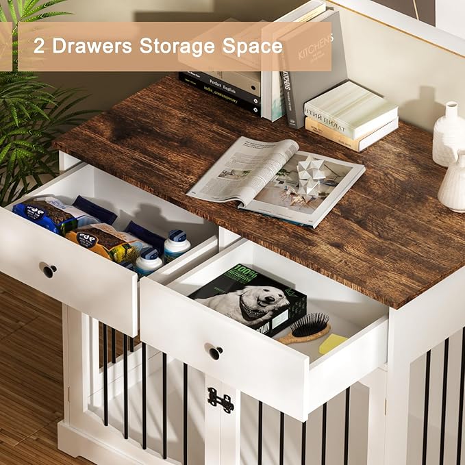 BREEZEHEAT 40 inch Dog Crate Furniture-Farmhouse Dog Kennel with Drawers-End Table Wooden Pet Crate, Double Door Design, Decorative Dog House Indoor for Small Medium Large Dog, White