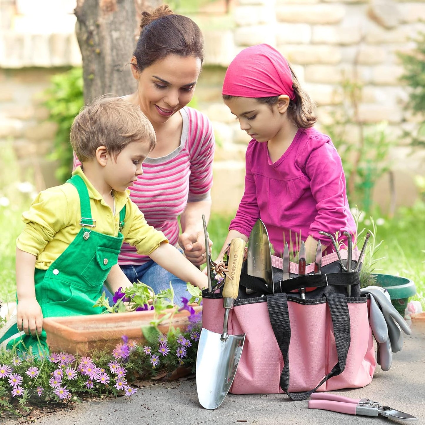 WORKPRO 8-Piece Pink Garden Tool Set, Stainless Steel Gardening Tools with Wood Handle, Including Garden Tote, Gloves, Trowel, Hand Weeder, Cultivator and More, Gardening Gifts For Women - Pink Ribbon
