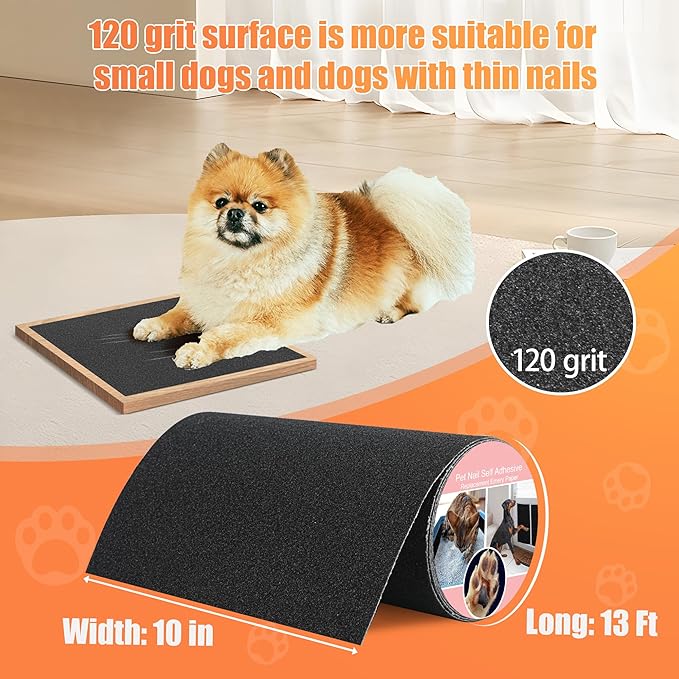 120 Grit Pet Nail Self Adhesive Replacement Emery Paper - Suitable for Small and Dogs with Long Quicks - Scratch Alternatives to Cat and Dog Nail Clippers (10in*13ft, Black, 120 Grit)