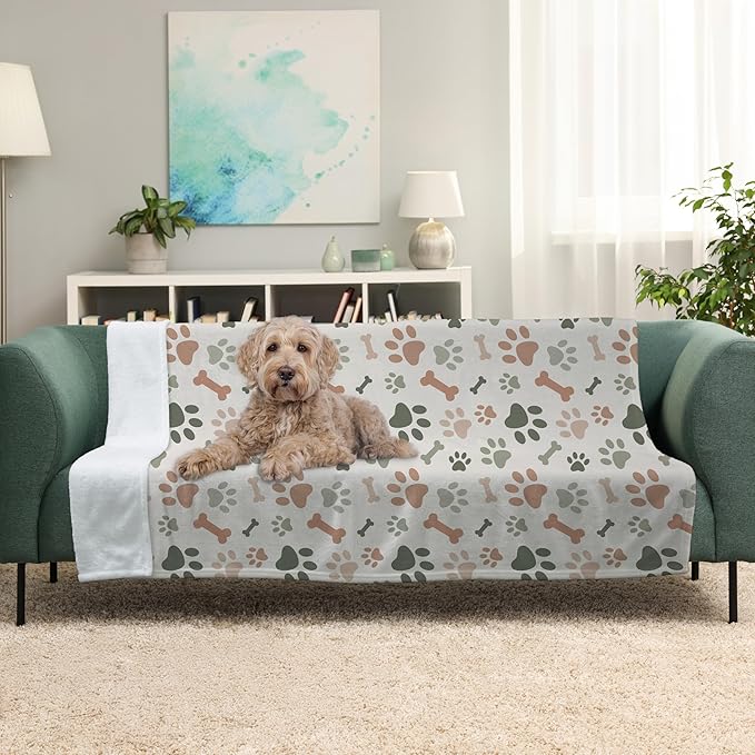 Cream Paw Print Plush Pet Lightweight Blanket - 50" x 60" - Cute for Dogs - Gifts and Puppy Essentials - Printed in America