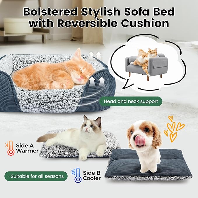 Miguel Washable Dog Bed with Removable Cushion for Medium Small Dogs, Easy to Wash Pet Sofa Bed with Side, Rectangle Bolster Cat Bed Calming Cuddle Puppy Bed with Anti-Slip Bottom, Blue 30 Inch