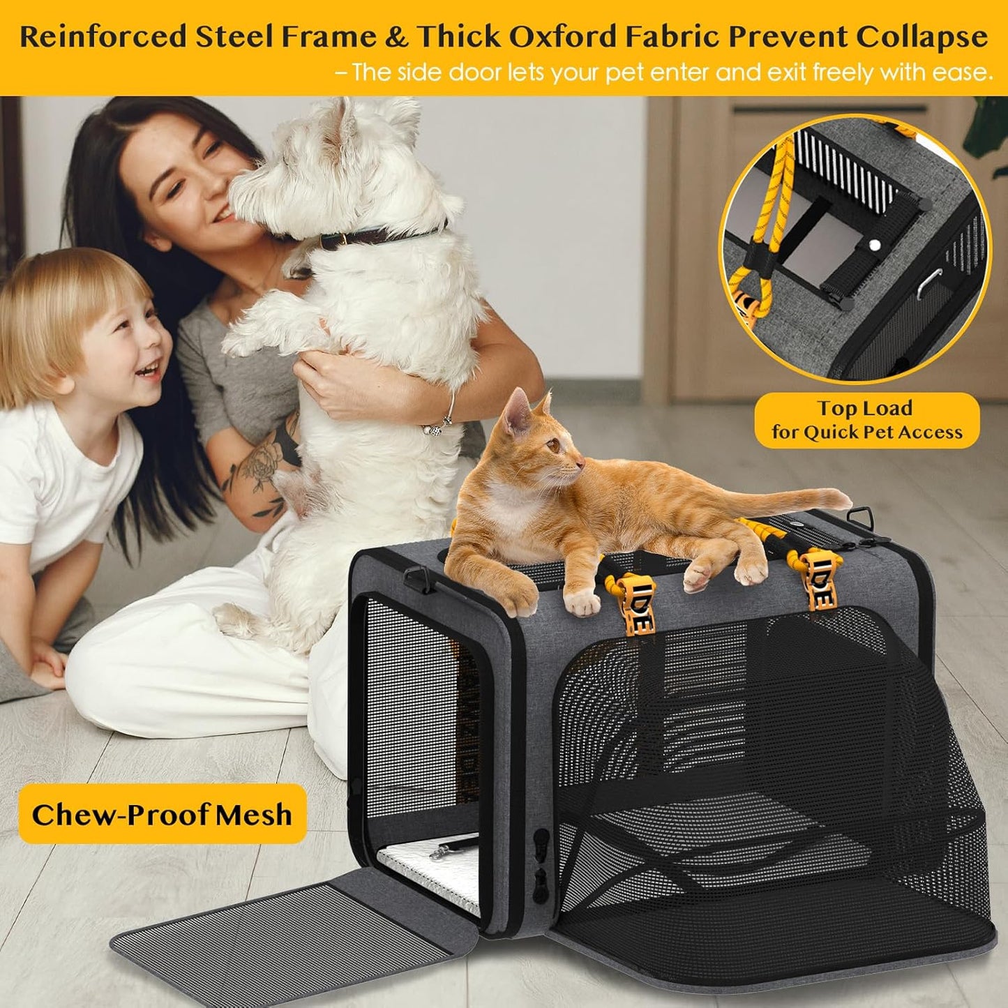 PAWZIDEA Expandable Large Pet Carrier, 24"X16"X16" Top Load Cat Carrier Bag for 2 Cats, Collapsible Dog Travel Crate for Small Medium Dog up 55lbs, Soft-Sided Car Seat Cage, XL Storage Pocket, ID Tag