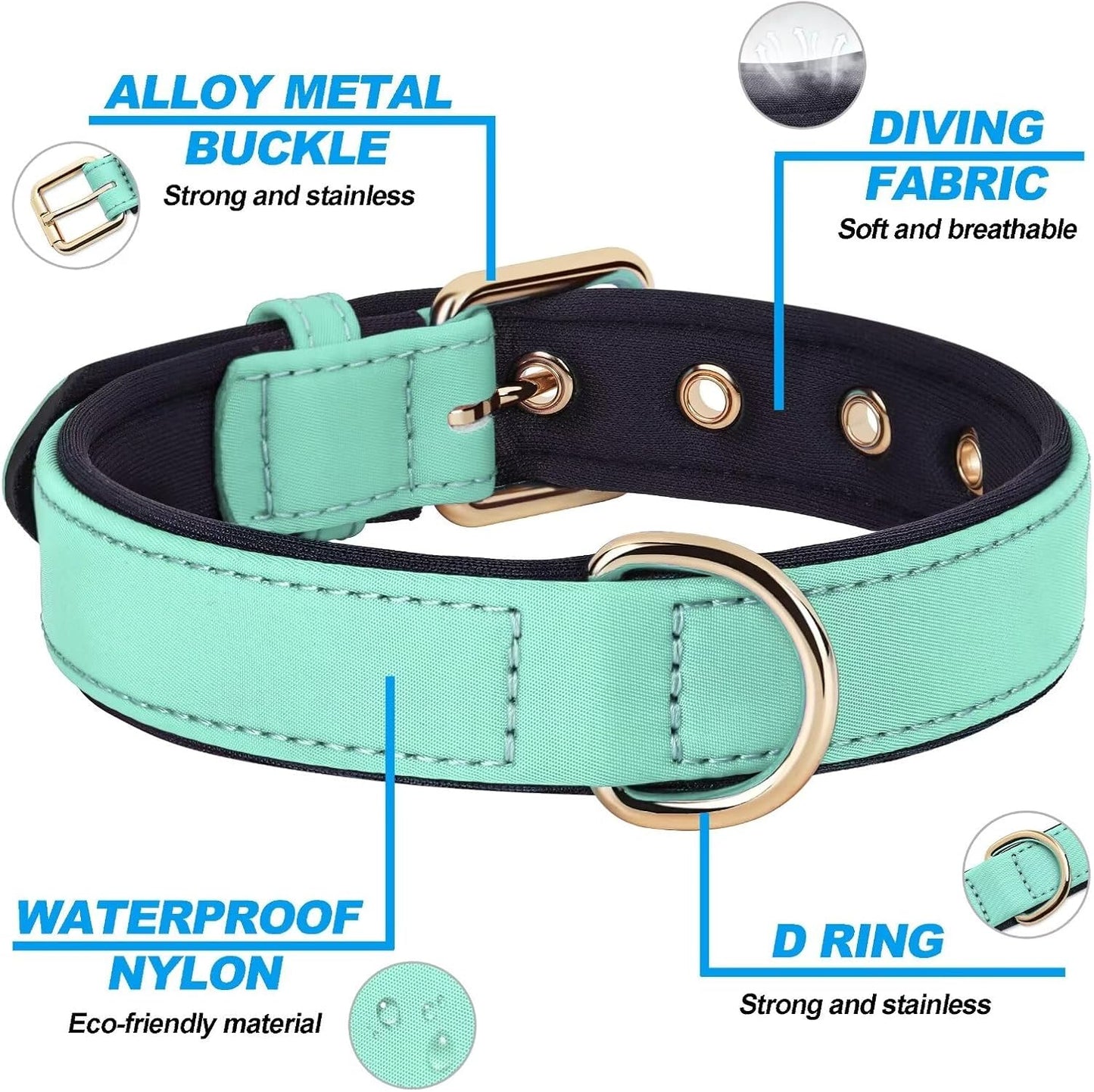 Didog Soft Padded Dog Collars for Small Dogs, Lightweight and Breathable Dog Collar with Metal Buckle, Green, M