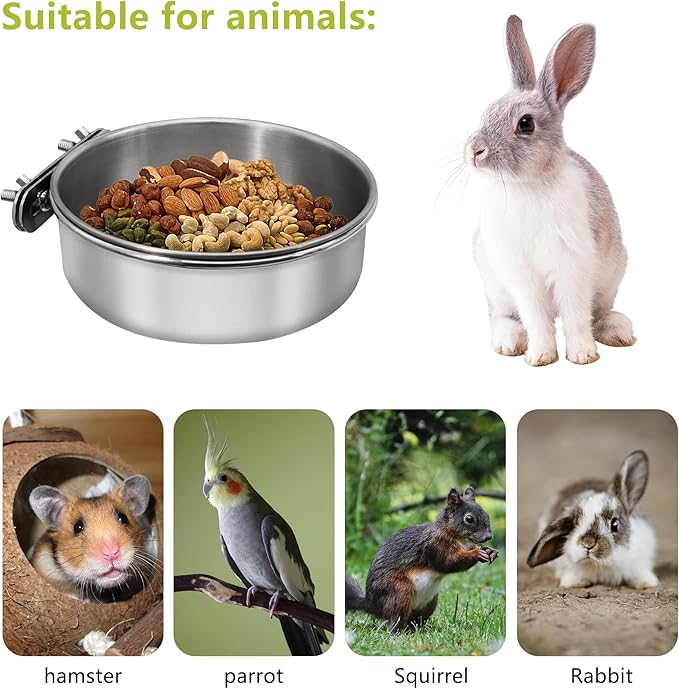 Medium+Large Bird Feeding Dish Cups,Parrot Food Bowl Cage with Clamp Holder Stainless Steel,Birdcage Coop Water Feeder for Cockatiel Parakeet Macaw Finches Lovebirds Small Animals (1 Pack, M+L)
