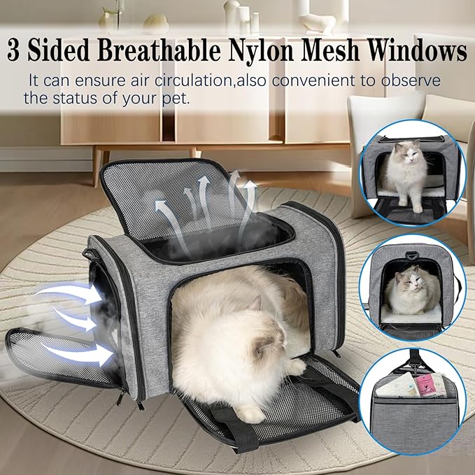 Top tasta Dog Cat Carrier Pet Carriers for Large Cats Small Dogs Carrier Soft Sided Puppy up to 25Lbs Dog Carrier Portable Foldable Dog Cat Travel Carrier (Large-Grey& Black -20 * 13 * 13)