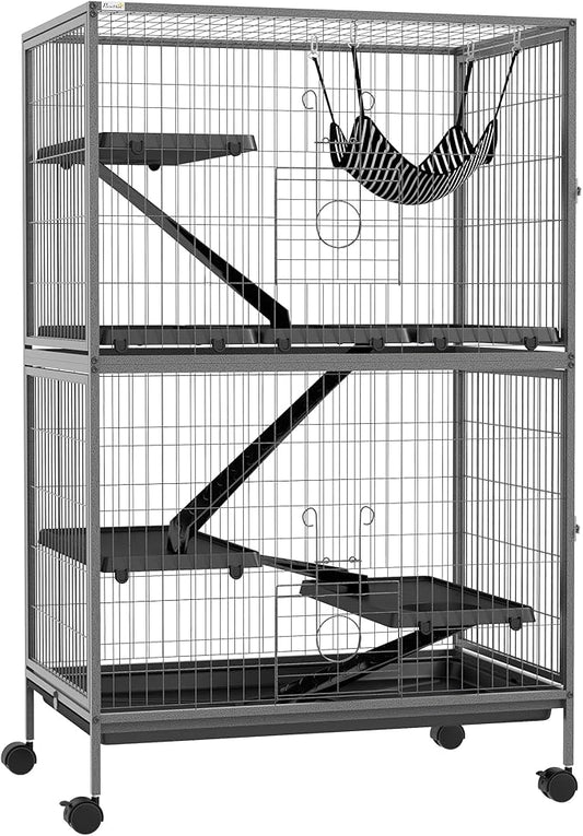 PawHut 50" 5-Tier Small Animal Cage, Ferret Cage, Large Chinchilla Cage with Hammock Accessory & Heavy-Duty Steel Wire, Small Animal Habitat with 4 Doors, Removable Tray, Gray