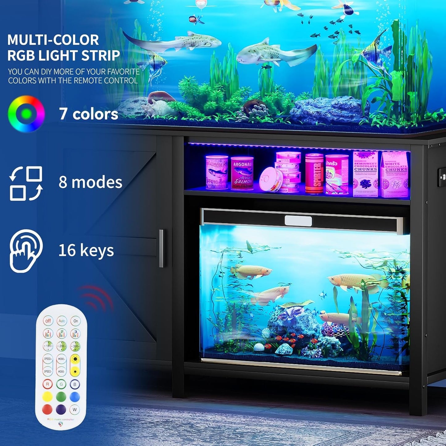 Aquarium Stand for 55-75 Gallon Fish Tanks with RGB Light Strip Black Modern Contemporary Wood