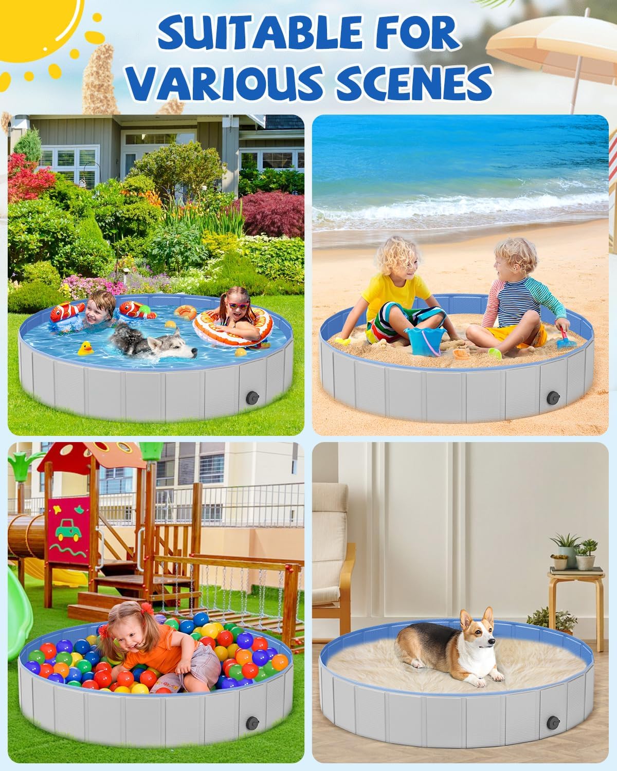 Portable Dog Pool PVC Pet Swimming Hard Plastic Pool Bathtub Collapsible Dog Poo for Pets to Swim and Bath (XL-63"x 12" Light Grey)