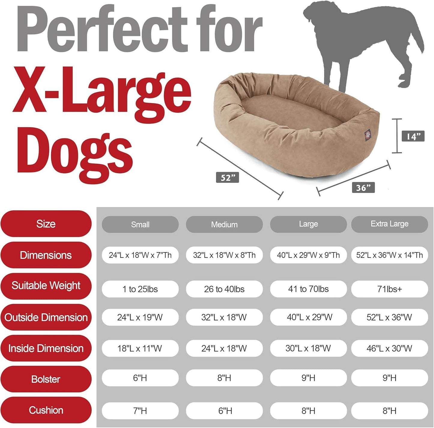 Majestic Pet 52 Inch Suede Calming Dog Bed Washable 52x35x11 (Inch) – Cozy Soft Round Donut Dog Bed with Spine Support for Dogs to Rest Their Head - Pet Bed X- Large – Stone (2025)