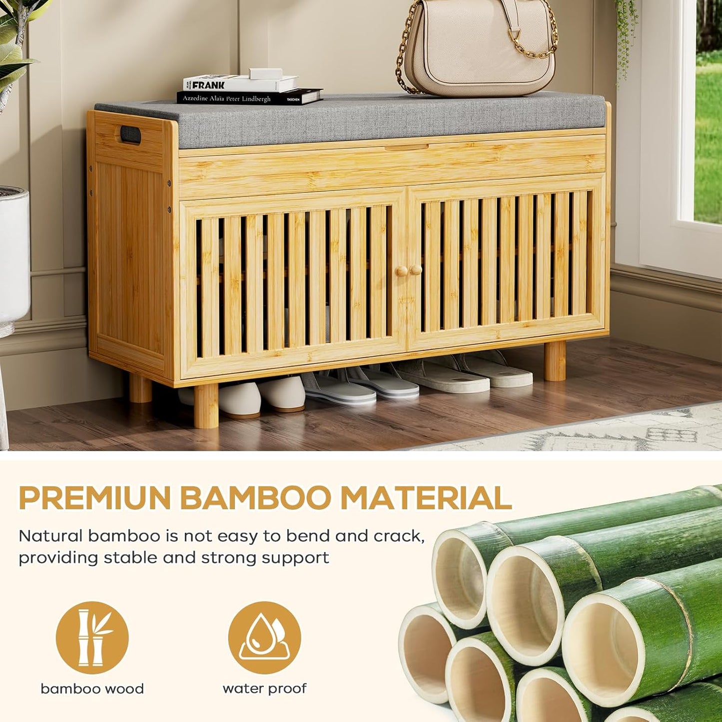 Shoe Storage Bench, Bamboo Entryway Bench with 2 Doors & Padded Seat Cushion, 35.4" W x 12.6" D x 19.7" H, 2-Tier Shoe Rack with Lift Top Hidden Storage, for Entryway, Living Room, Bedroom, Natural