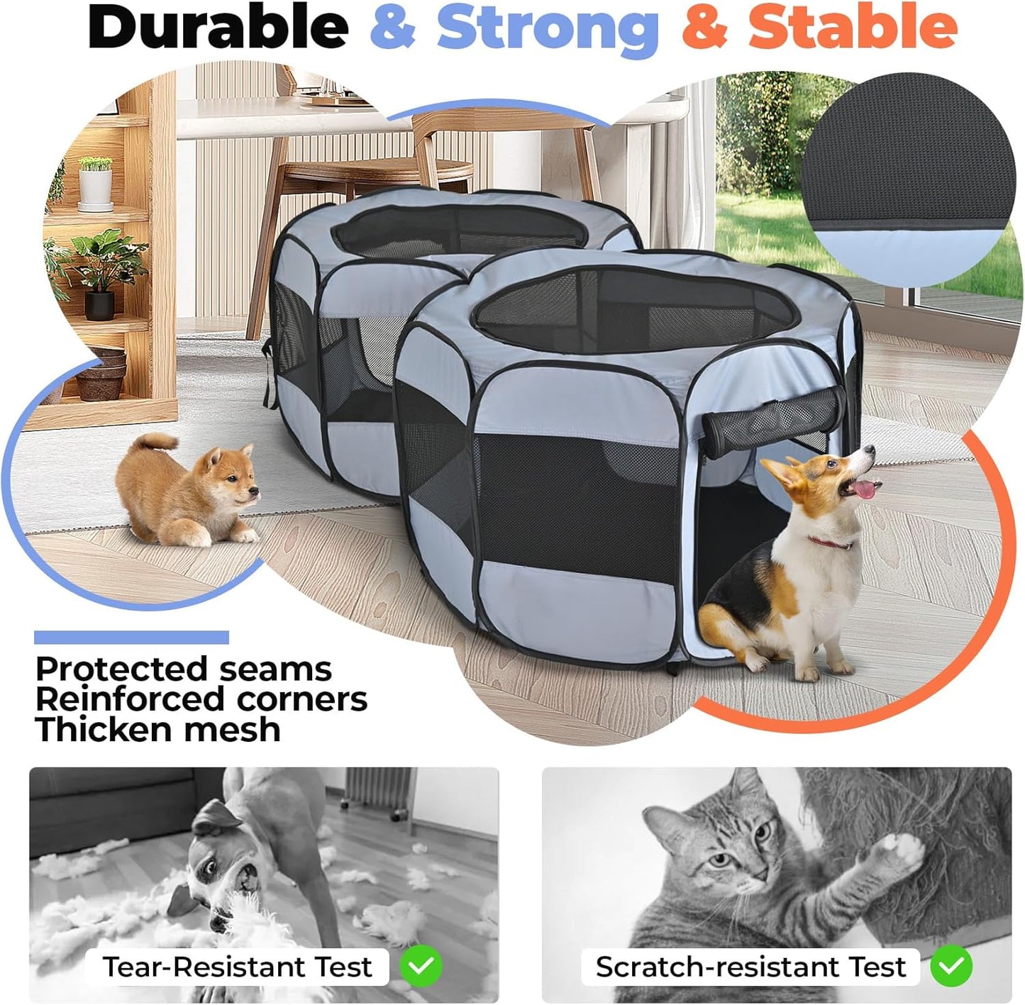 2-in-1 XLarge Pop Up Dog Playpen, Cat Puppy Pet Playpen, Indoor Outdoor Cats Enclosed, Cat Tent Crate Cage Kennel, Portable Playpen for Kitten and Small Animals(No Divider, Unified Space)