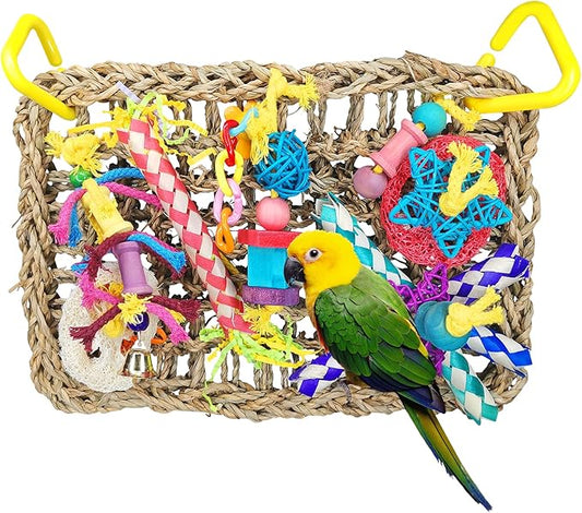 Fhiny Bird Foraging Toys, Parrot Chew Toys Seagrass Climbing Hammock Mat with Shredder Papers Wood Blocks Chewing Toys Suitable for Budgies Parakeets Love Birds