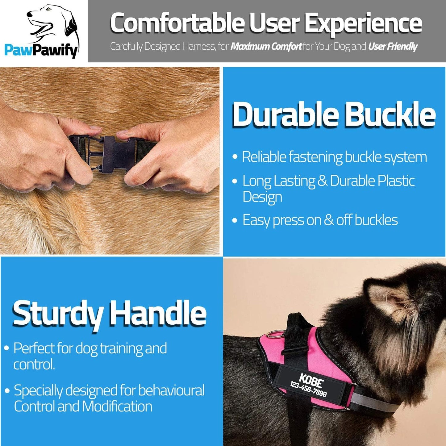 PawPawify Custom No Pull Dog Harness with Name and Phone Number, Heavy Duty Personalized Pet Vest to Prevent Tugging, Pulling, or Choking, Training and Walking (Blue, M (20-40 LBS))