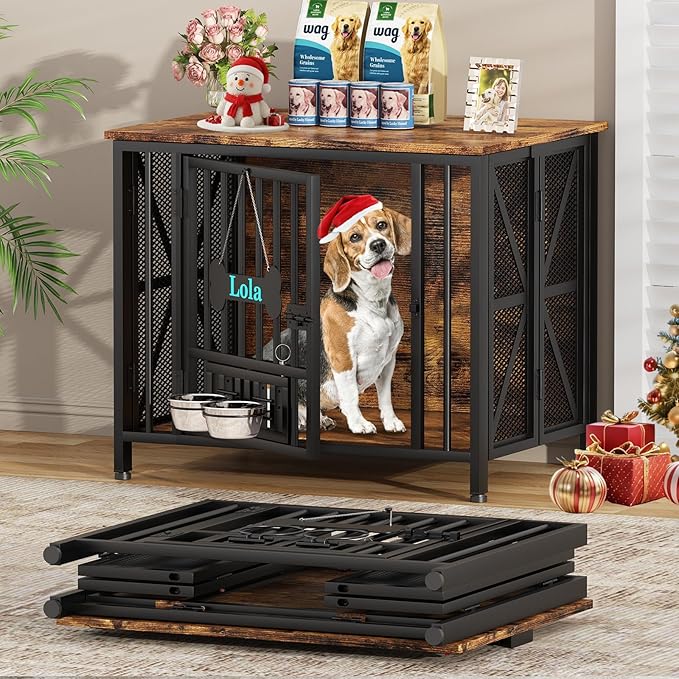 Easycom Dog Crate Furniture, 31.5" Assembly-Free Dog Crates for Small & Medium Dogs, Foldable Dog Kennel Indoor with Tag & Adjustable Dog Bowls, Wooden Dog Cage Use as End Table, Rustic Brown