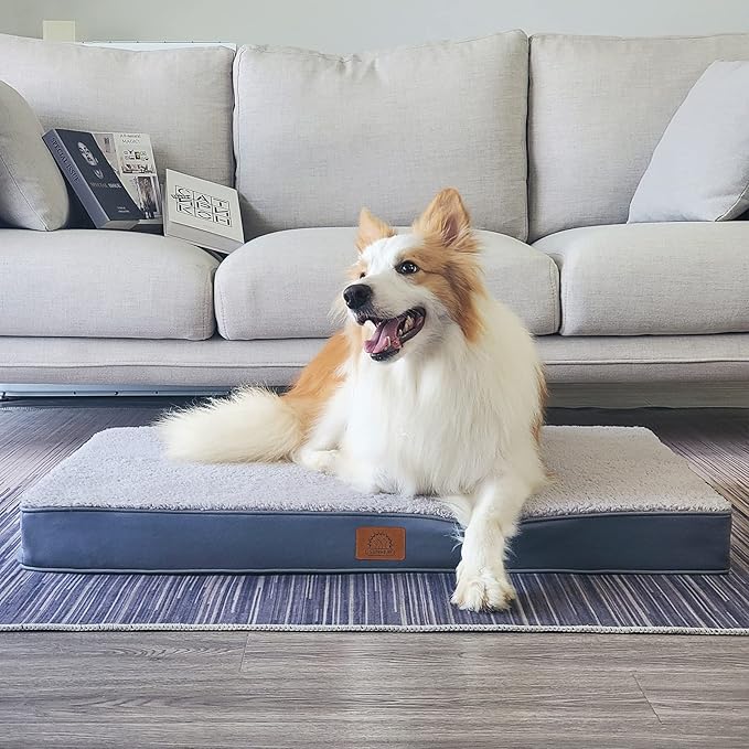 Sunheir Orthopedic Dog Bed for Large Dogs - Big Waterproof Dog Crate Bed with Removable Washable Cover, Egg Crate Foam Support, Anti-Slip Bottom, Deluxe Plush Pet Bed Mat (Grey)