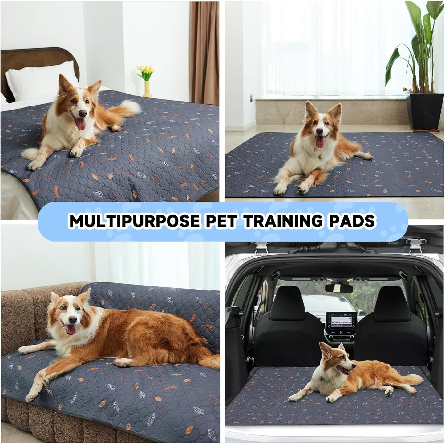 Sunheir Washable Pee Pads for Dogs 2-Pack Reusable Puppy Pads Pet Training Pads, Waterproof Dog Pee Pads for Crate, Whelping Pad, Non-Slip Protects Against Urine Leakage (Leaves - Deep Grey, 31x36)