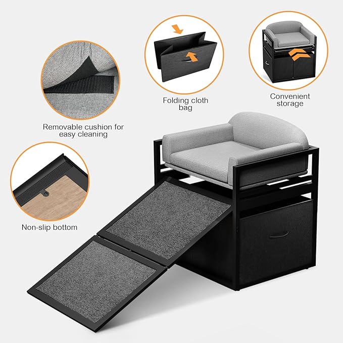 Pet Stairs Ramp Doggie Stairs with Seat & Storage Drawers,Extra Wide Seat Mate Chair Puppy for High Bed Couch Office,Non Slip Dachshunds,Step for Small Dogs,Cat Ladder Grey(Hold Up to 100 lbs)