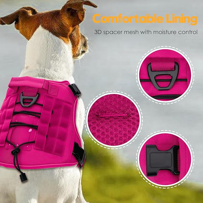 Heavy-Duty Tactical Dog Harness for Large Dogs, No Pull Adjustable Reflective Pet Vest with Molle System, K9 Military-Grade Control for Service Training, Outdoor & 10+ Breeds, Hot Pink, Large